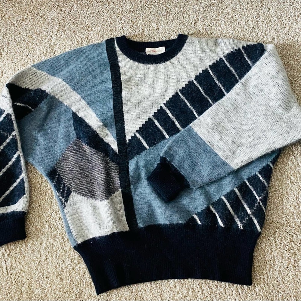 1980’s vintage Bruestle dolman sleeve blue angora sweater Geometric Art Deco XS